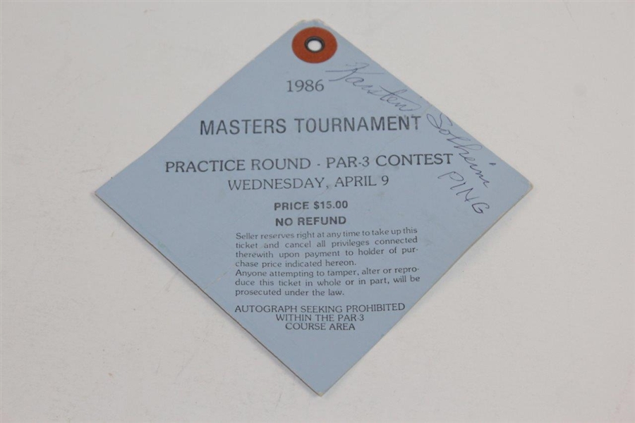 1986 Masters Wednesday Par 3 Ticket #01238 Signed by PING Founder Karsten Solheim JSA ALOA