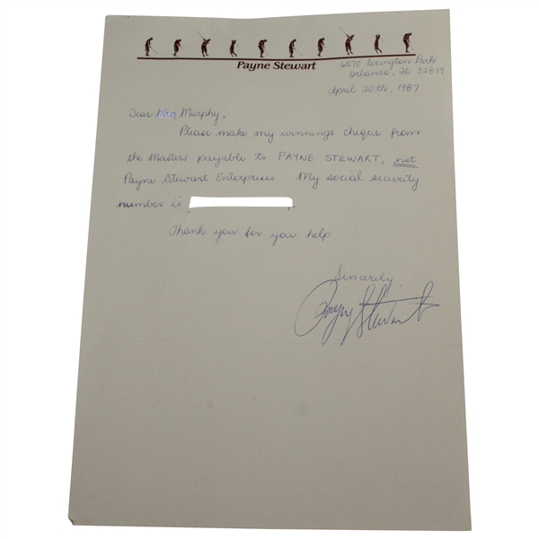 Payne Stewart Signed 1987 Letter Confirming Where MASTERS Winnings Go JSA ALOA
