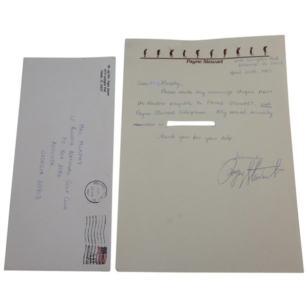Payne Stewart Signed 1987 Letter Confirming Where MASTERS Winnings Go JSA ALOA