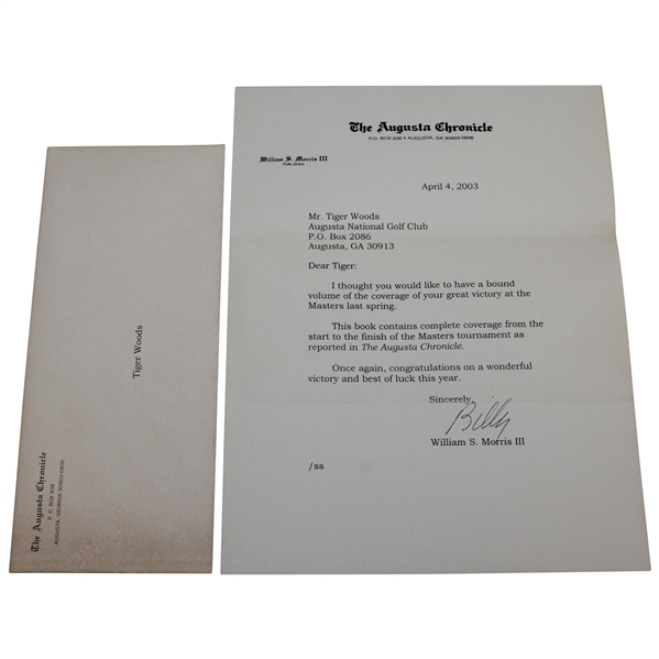 2003 Letter to Tiger Woods Regarding Gifting of 2002 The Augusta Chronicle Hardbound Paper