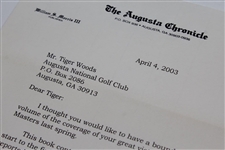 2003 Letter to Tiger Woods Regarding Gifting of 2002 The Augusta Chronicle Hardbound Paper