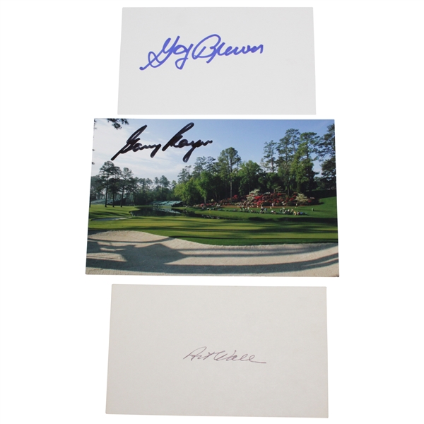Gary Player Signed Masters Photo with Gay Brewer & Art Wall Signed 3x5 Cards JSA ALOA
