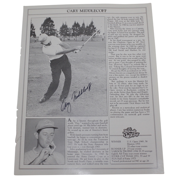 Cary Middlecoff Signed 'The Legends of Golf' Player Profile Page JSA ALOA