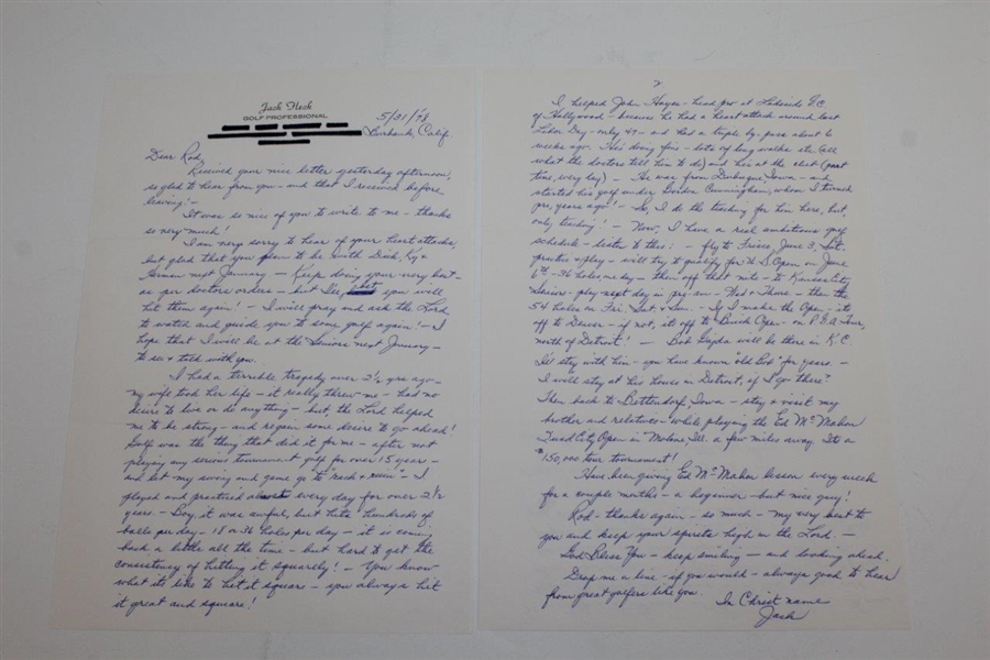 Jack Fleck Signed 1978 2pg Handwritten Letter to Rod Munday - Rod Munday Collection JSA ALOA