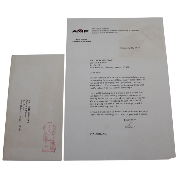 Ben Hogan Signed 1976 Letter to Rod Munday with Building Golf Course Content - Rod Munday Collection JSA ALOA