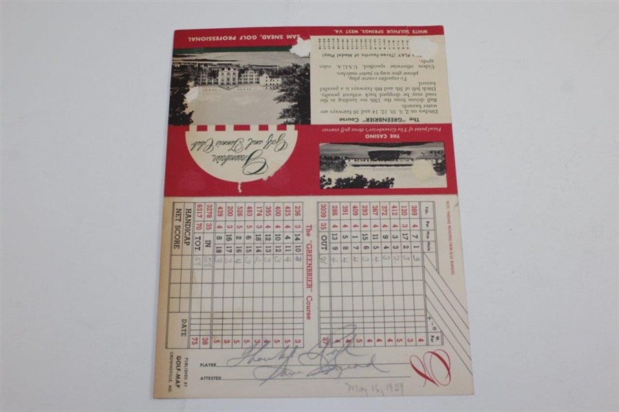 Sam Snead Signed 1959 Greenbrier Golf Scorecard to Rod Munday - Rod Munday Collection