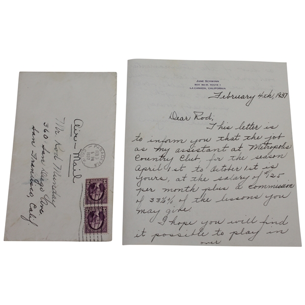 Paul Runyan Signed 1937 Handwritten Letter to Rod Munday - Rod Munday Collection JSA ALOA