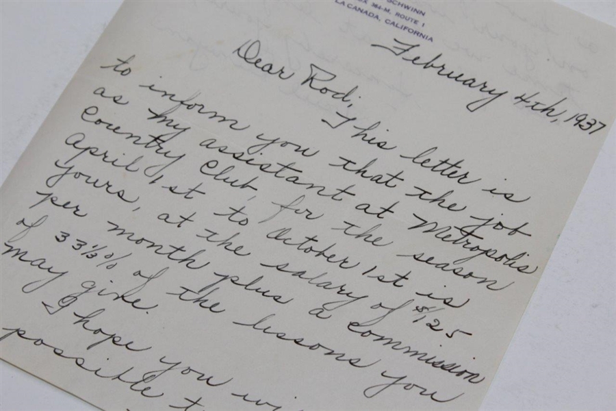 Paul Runyan Signed 1937 Handwritten Letter to Rod Munday - Rod Munday Collection JSA ALOA