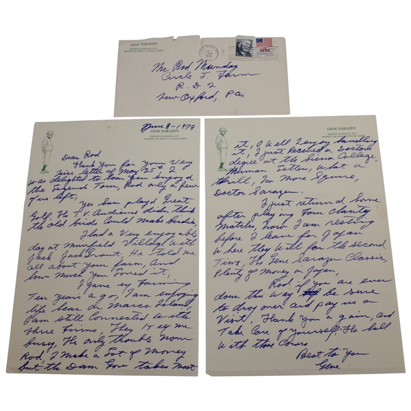 Gene Sarazen Signed 1978 Handwritten Letter to Rod Munday - Rod Munday Collection JSA ALOA