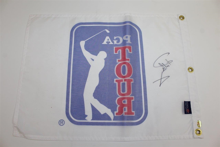 Bernhard Langer, David Toms, & Paul Casey Signed White PGA Tour Screen Flags JSA ALOA