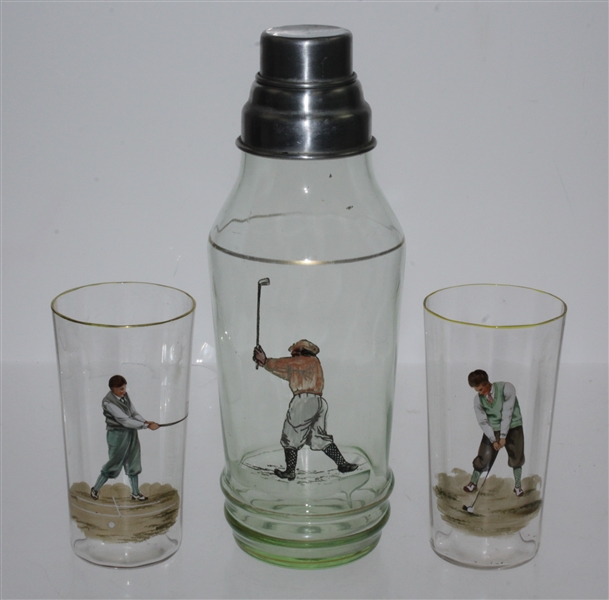 1930's Golf Themed Glass Cocktail Shaker with Two Golf Themed Glasses