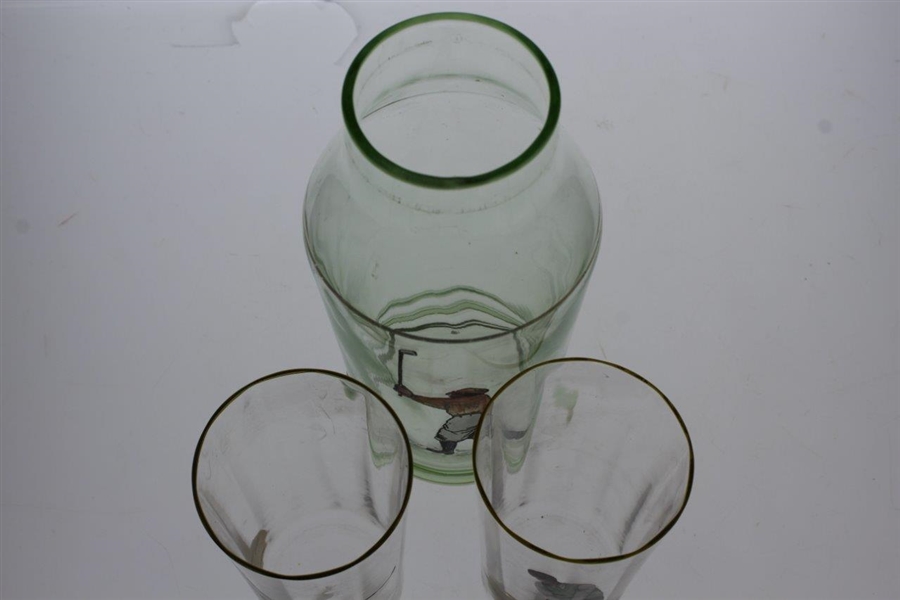 1930's Golf Themed Glass Cocktail Shaker with Two Golf Themed Glasses