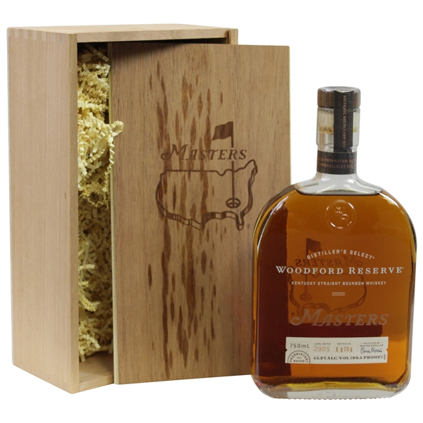 Masters Tournament Etched Woodford Reserve Bourbon Whiskey in Masters Cedar Wood Box