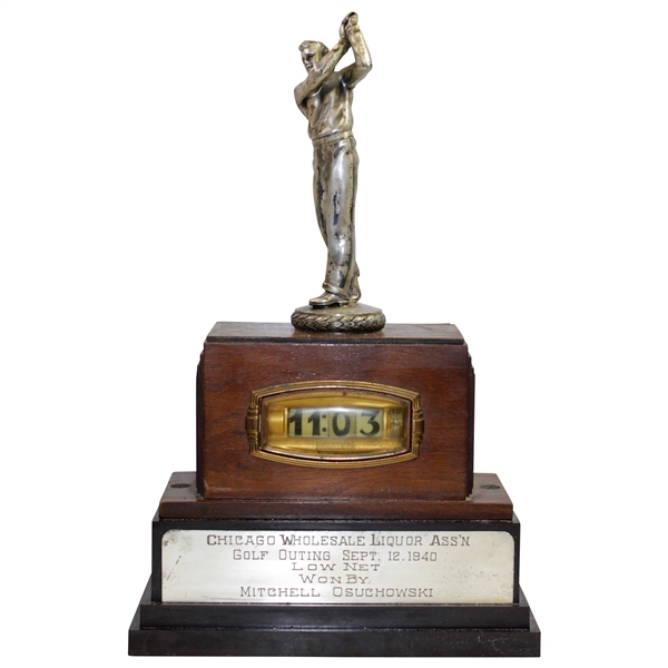 1940 Chicago Wholesale Liquor Assn. Golf Low Net Clock Trophy on Plinth - Unique