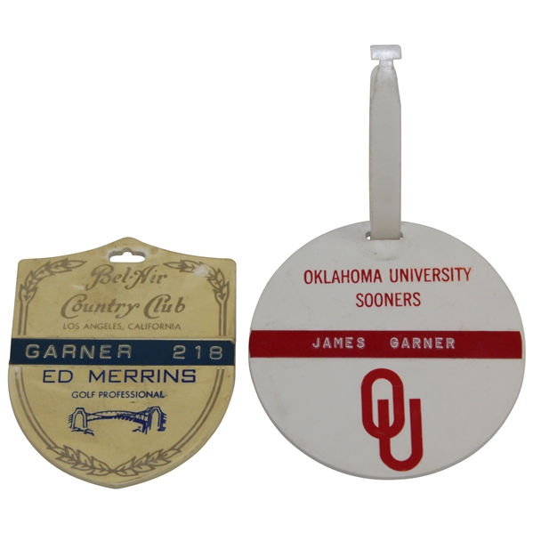 Two Personal James Garner Bag Tags - Bel-Air country Club & Oklahoma Sooners