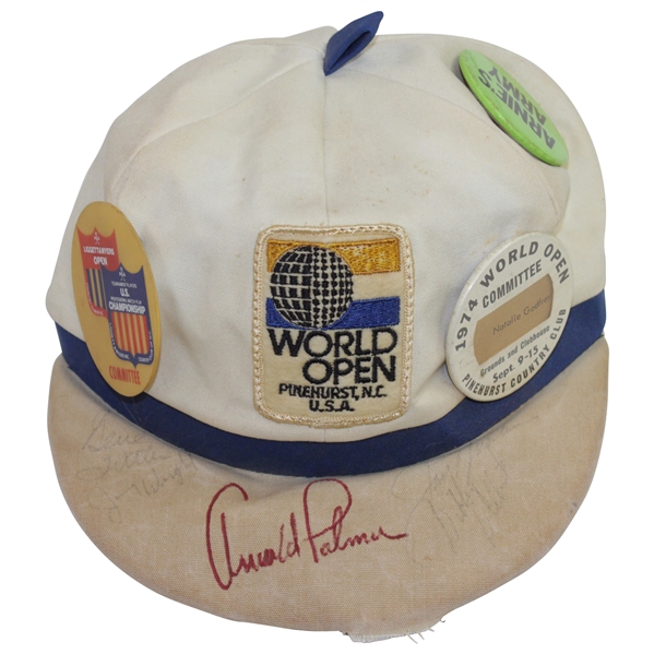 Arnold Palmer & Jack Nicklaus Signed World Open Hat with Arnies Army & Committee Pins JSA ALOA