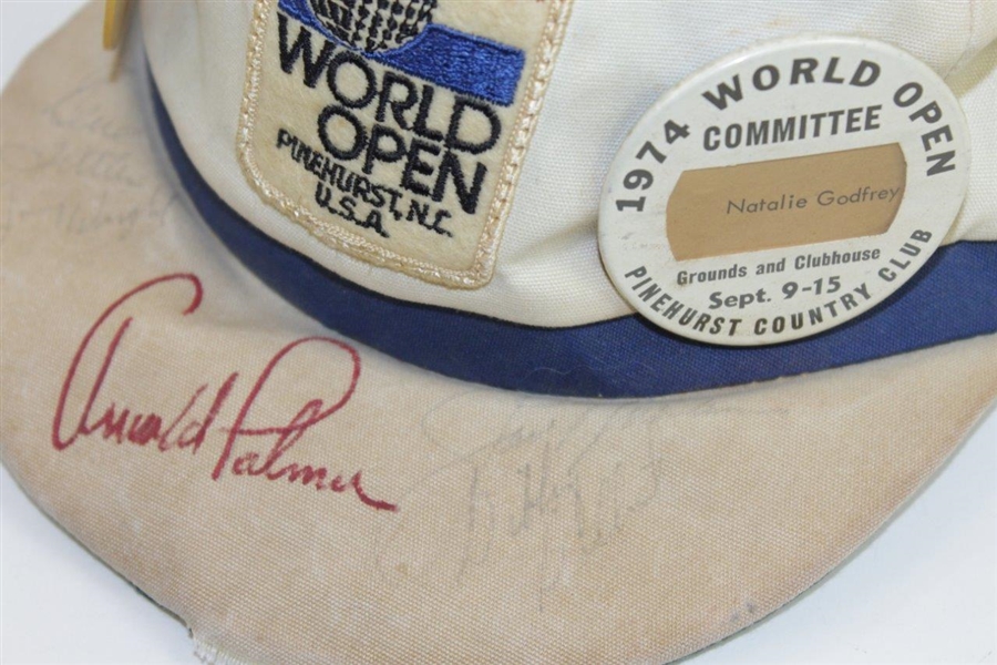 Arnold Palmer & Jack Nicklaus Signed World Open Hat with 'Arnie's Army' & Committee Pins JSA ALOA
