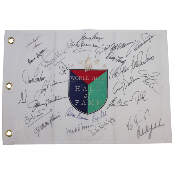 Multi-Signed Embroidered World Golf Hall of Fame Flag by 28 Inc. Nicklaus, Mickelson & others JSA ALOA