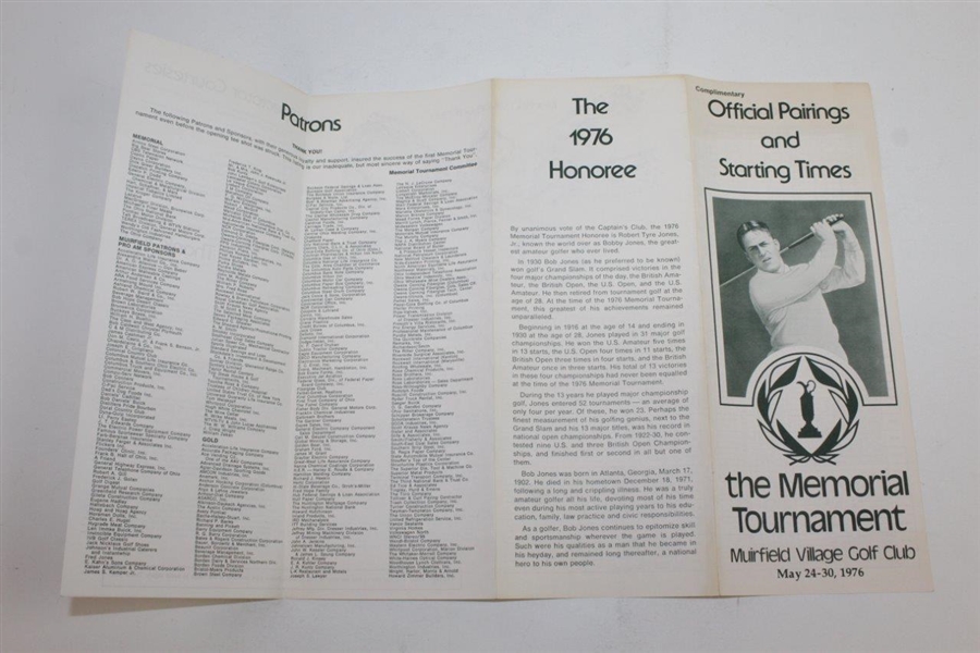 Bobby Jones first Honoree Cover of 1976 Memorial Tournament Pairings Booklet with Press Release