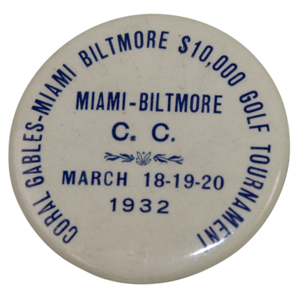 1932 Coral Gables-Miami Biltmore $10k Tournament at Miami Biltmore CC Badge - Sarazen Winner