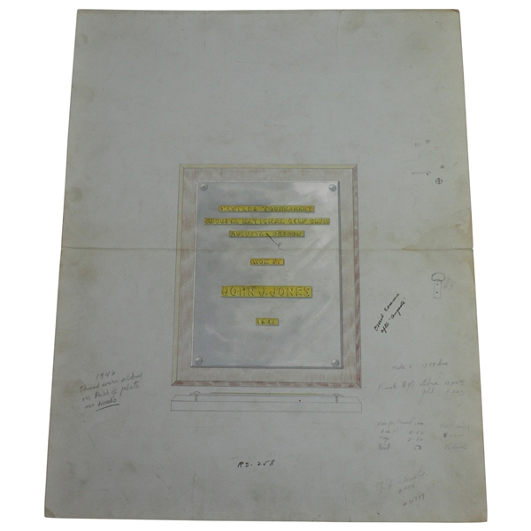 Original 1940s Augusta National Golf Club Masters Champion Award Plaque Plans