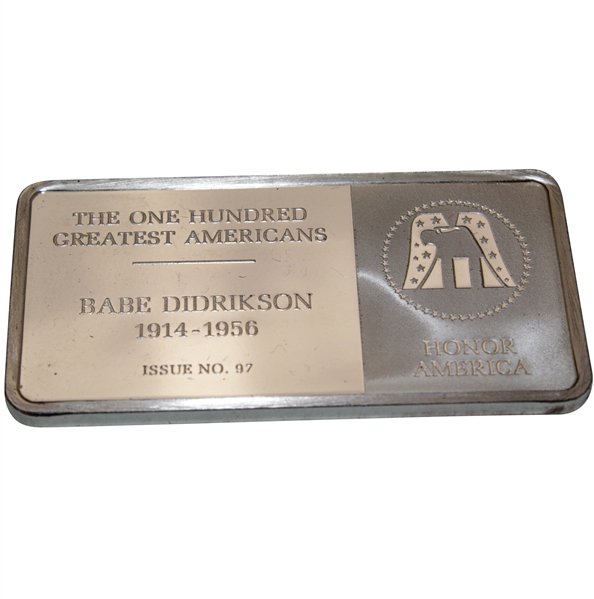 100 Greatest Americans 1oz Sterling Silver Babe Didrickson Commemorative Bar (1983 Franklin Mint)