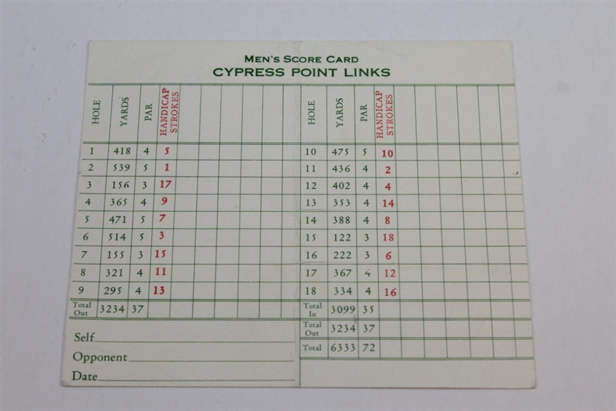 Circa 1950's Cypress Point Club (Pebble Beach) Official Scorecard