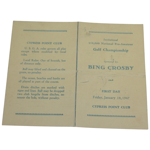 1947 Crosby Pro-Am $10,000 at Cypress Point First Day Unmarked Scorecard