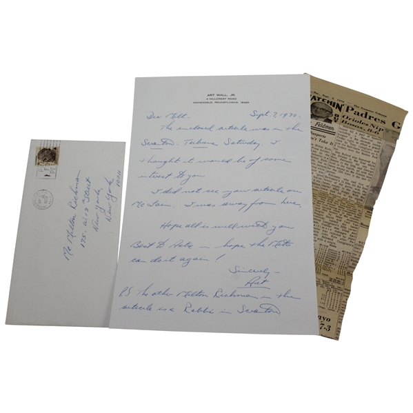 Art Wall Signed & Hand-Written Letter to Milton Richman with Article JSA ALOA