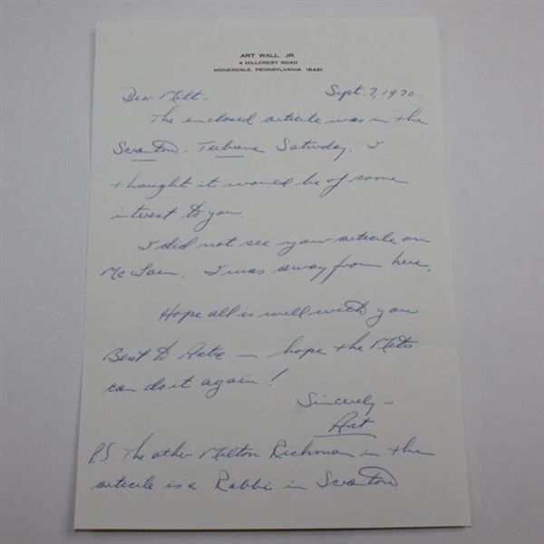 Art Wall Signed & Hand-Written Letter to Milton Richman with Article JSA ALOA