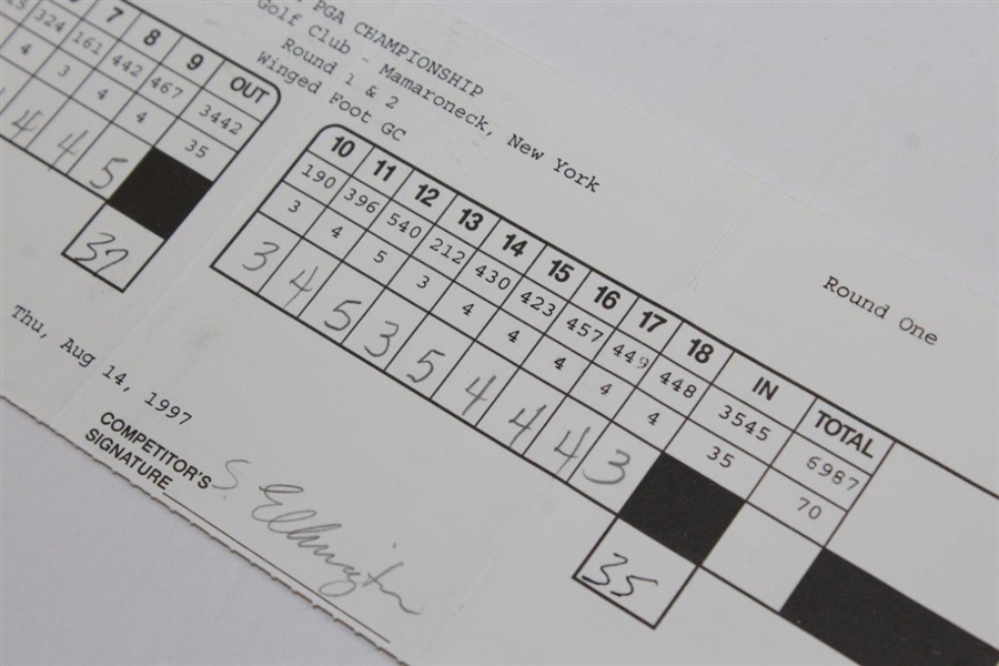 Payne Stewart Signed 1997 PGA at Winged Foot 1st Rd Scorecard - Marker JSA ALOA