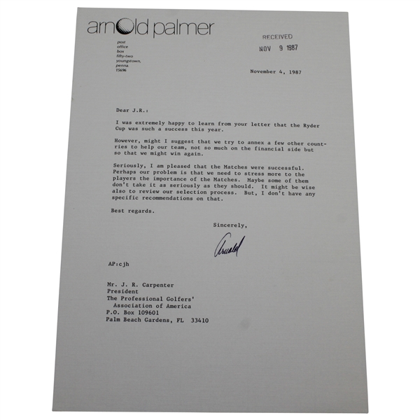 Arnold Palmer Signed 11/4/1987 Letter to PGA President R.J. Carpenter - Ryder Cup Content JSA ALOA