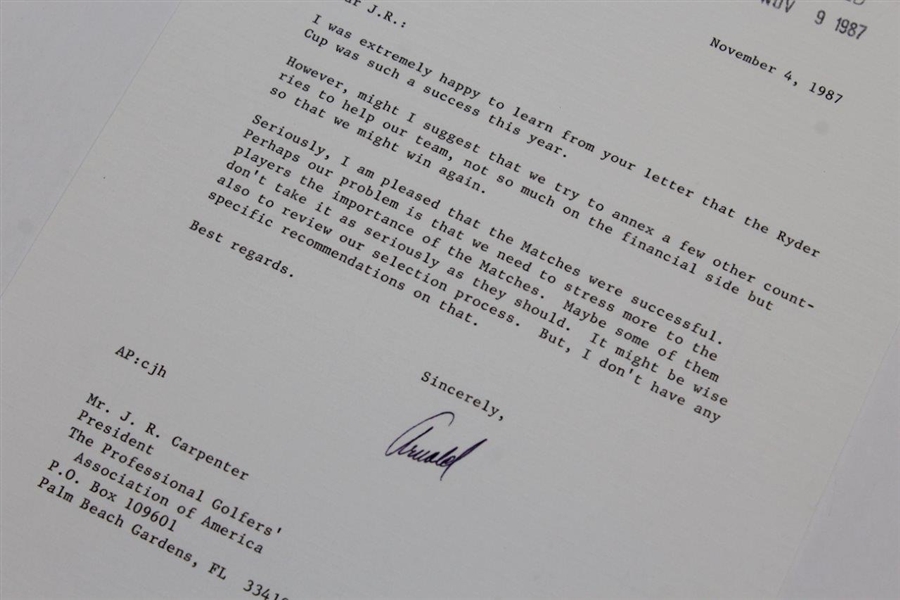 Arnold Palmer Signed 11/4/1987 Letter to PGA President R.J. Carpenter - Ryder Cup Content JSA ALOA