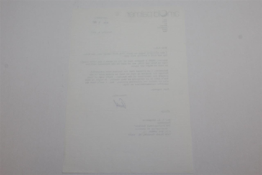 Arnold Palmer Signed 11/4/1987 Letter to PGA President R.J. Carpenter - Ryder Cup Content JSA ALOA