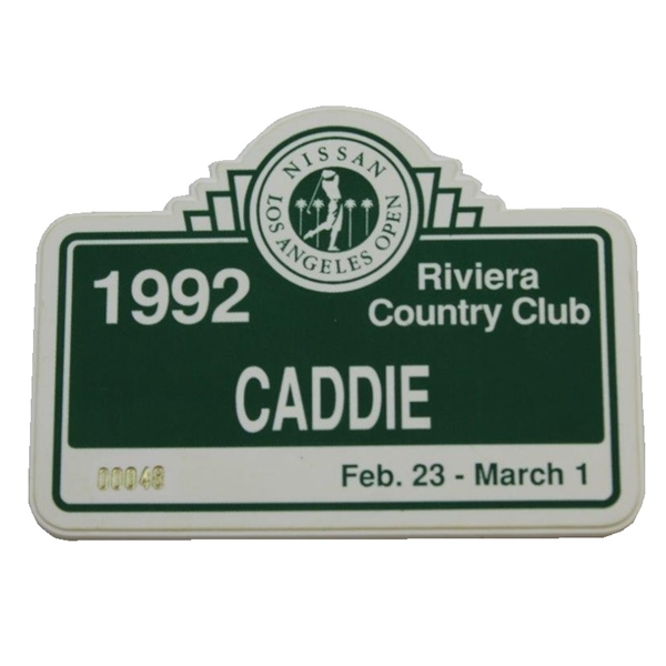 1992 Los Angeles Open at Riviera CC Caddie Badge #48 - Tiger's First Pro Event - Donnie Wanstall Collection