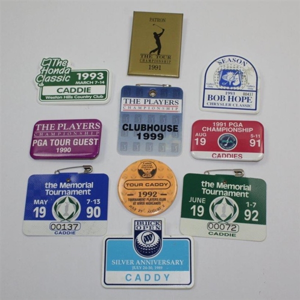 Ten (10) Various Year & Event Caddy Badges & Credentials - Donnie Wanstall Collection