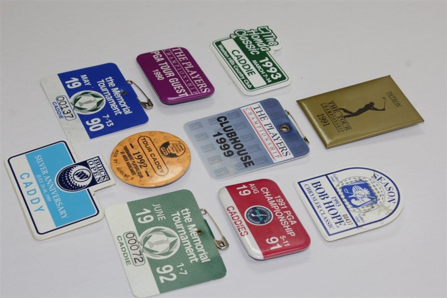Ten (10) Various Year & Event Caddy Badges & Credentials - Donnie Wanstall Collection