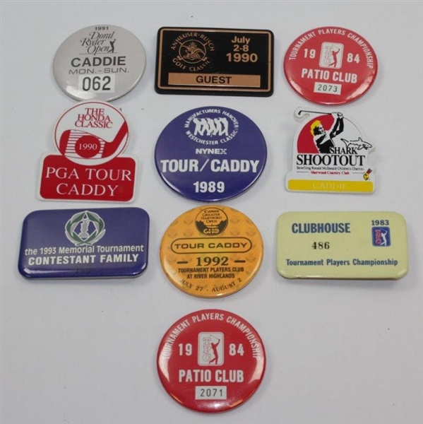 Ten (10) Various Year & Event Caddy Badges & Credentials - Donnie Wanstall Collection