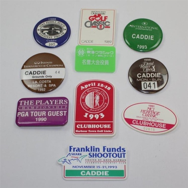 Ten (10) Various Year & Event Caddy Badges & Credentials - Donnie Wanstall Collection
