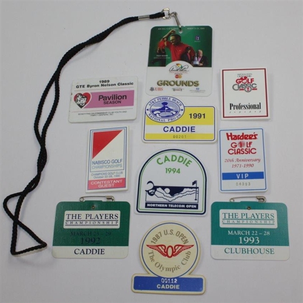 Ten (10) Various Year & Event Caddy Badges & Credentials - Donnie Wanstall Collection