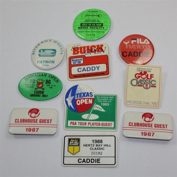 Ten (10) Various Year & Event Caddy Badges & Credentials - Donnie Wanstall Collection