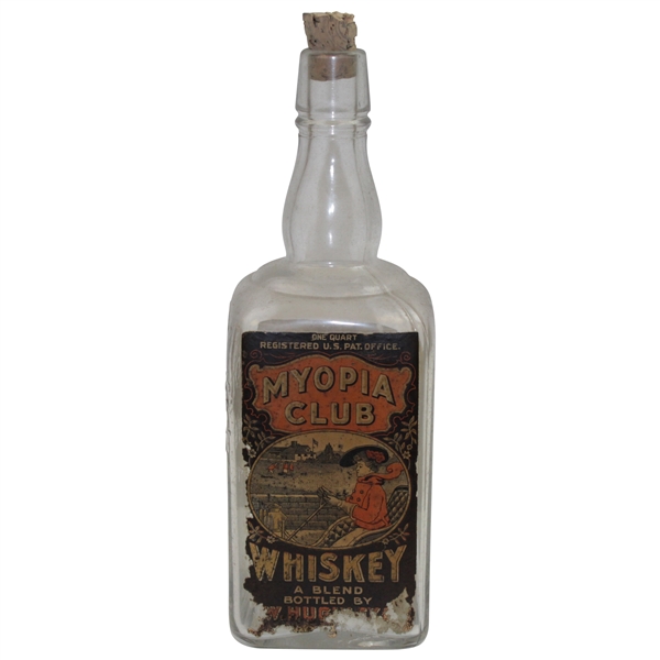 Vintage Myopia Club Glass Whiskey Quart Bottle w/ Golf Scene 