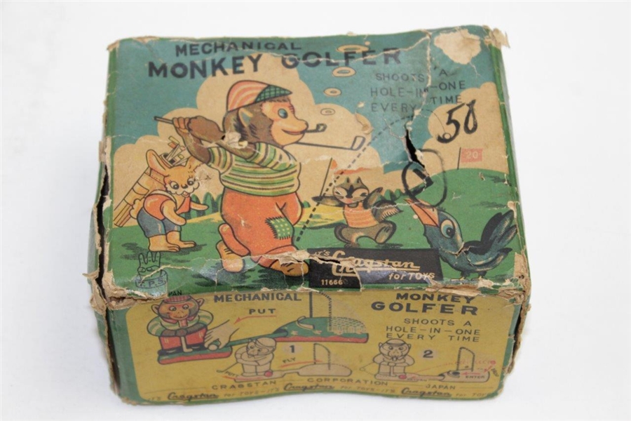 Vintage Cragstan Mechanical Monkey Golfer Toy Hitting Into Net In Original Box