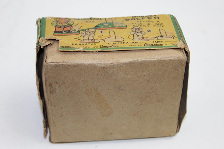 Vintage Cragstan Mechanical Monkey Golfer Toy Hitting Into Net In Original Box