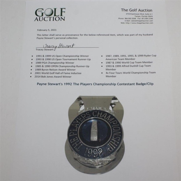 Payne Stewart's 1992 The Players Championship Contestant Badge/Clip