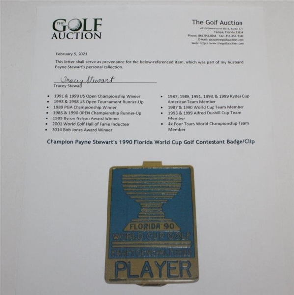 Champion Payne Stewart's 1990 Florida World Cup Golf Contestant Badge/Clip
