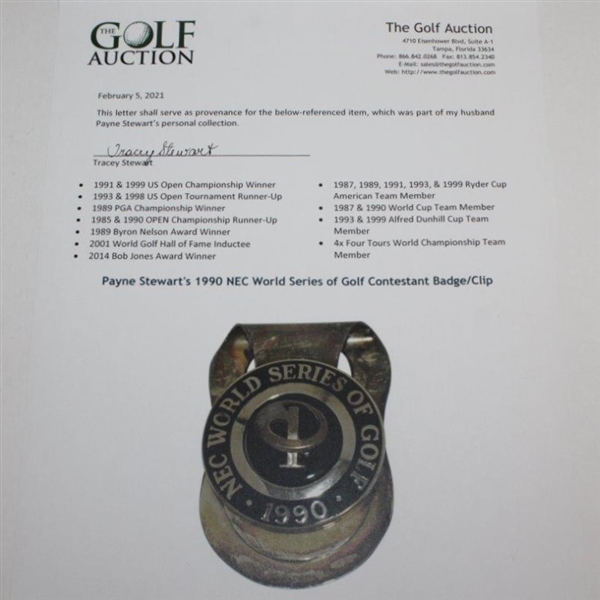 Payne Stewart's 1990 NEC World Series of Golf Contestant Badge/Clip