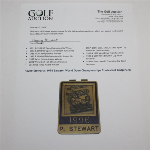 Payne Stewart's 1996 Sarazen World Open Championships Contestant Badge/Clip