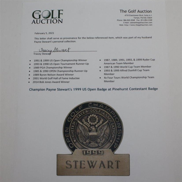 Champion Payne Stewart's 1999 U.S. Open Contestant's Badge From Pinehurst 