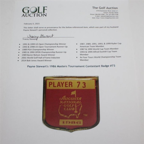 Payne Stewart's 1986 Masters Tournament Contestant Badge #73